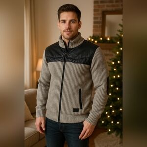 Nick Danger Faux Leather Knit Zip Jacket Mens L Gray Black Moto Style